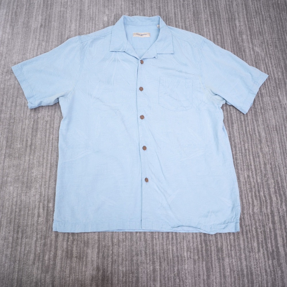 Tommy Bahama Button Up Shirt Mens Large Bluet Silk Cotton Palm Leaf Short Sleeve